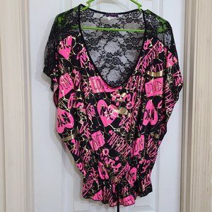 Metallic pink & gold top(city names and hearts) with black sheer lace back